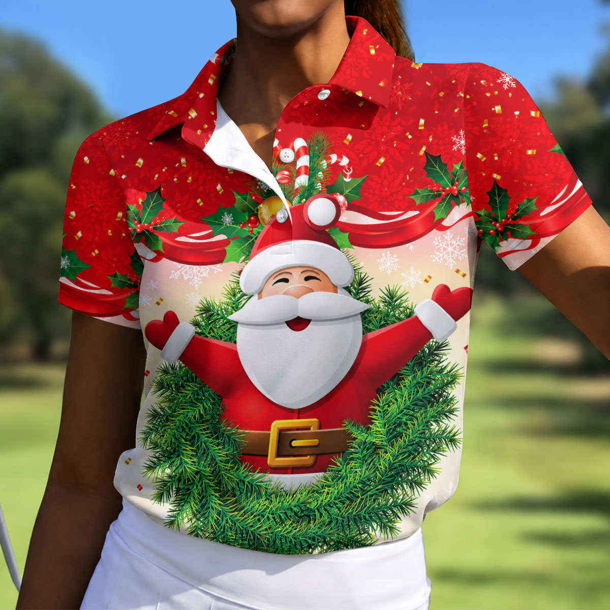 Festive Christmas Santa Wreath Golf Polo Shirt, Women’s Golf Polo, Golf Tops For Women