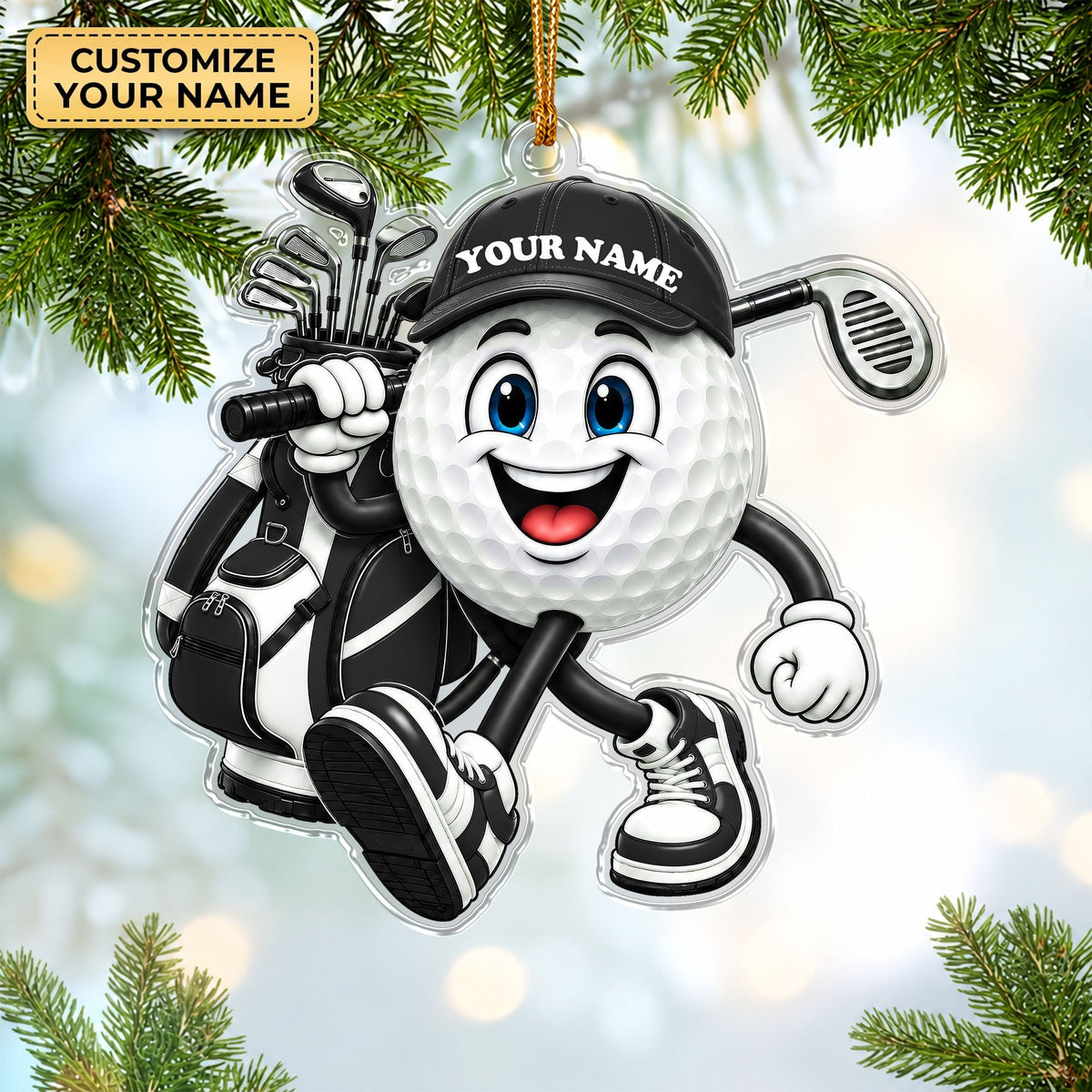 Custom Name Golf Ball And Club Acrylic Ornament, Golf Gifts, Christmas Decorations
