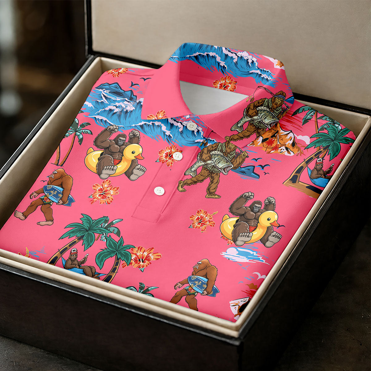 Pink Tropical Bigfoot Hawaiian Golf Polo Shirt, Golf Shirts For Women, Women's Golf Polo