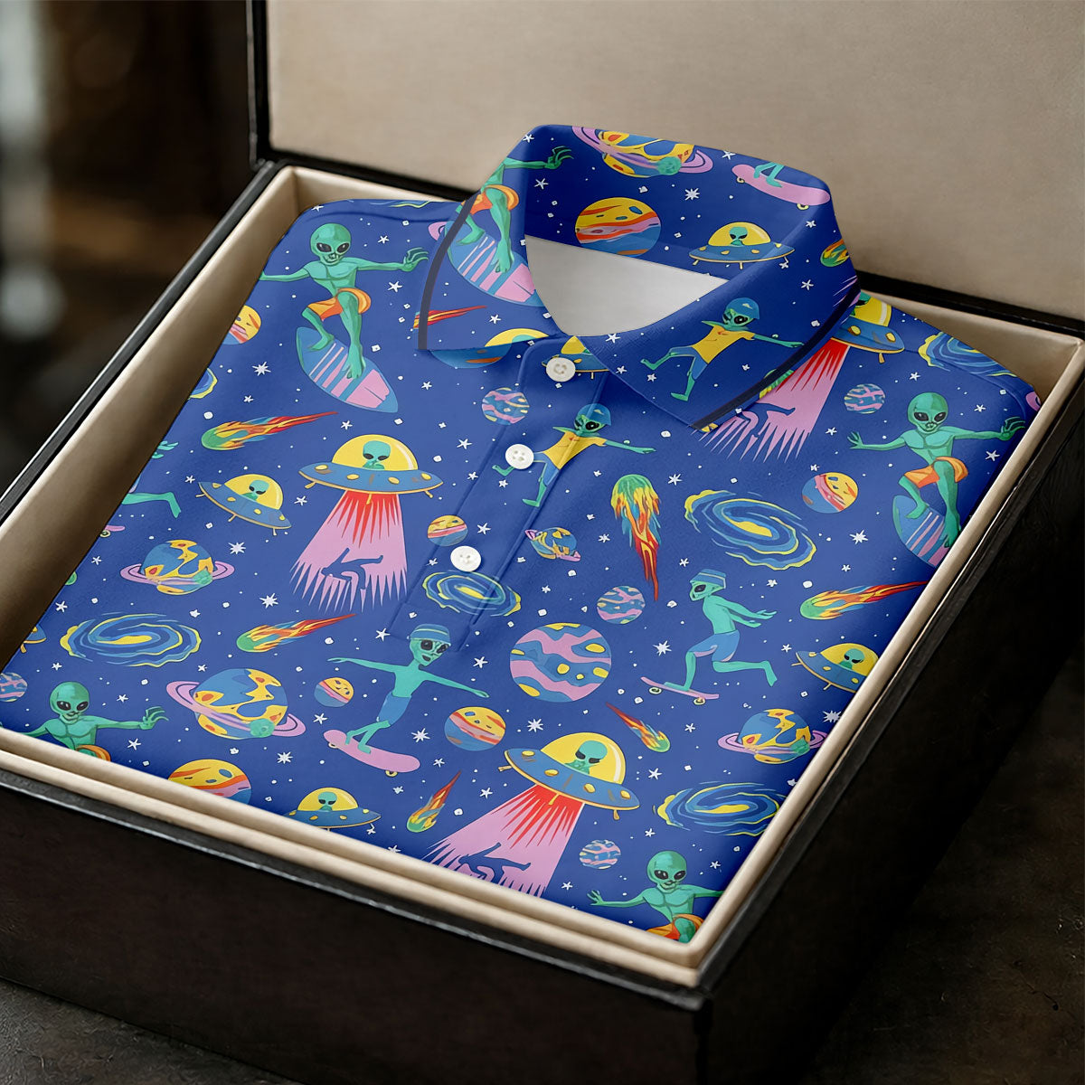 Surfing Alien Space Galaxy Hawaiian Golf Shirt, Golf Shirts For Women, Performance Golf Shirt
