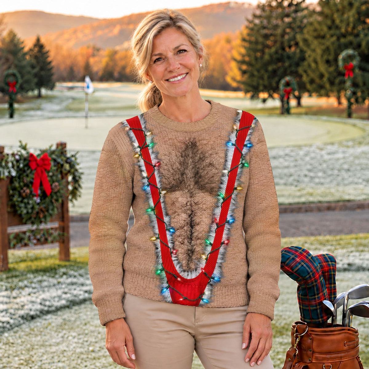 Hairy Chest Lights Print Sweater, Christmas Golf Shirt For Men, Ugly Christmas Sweater