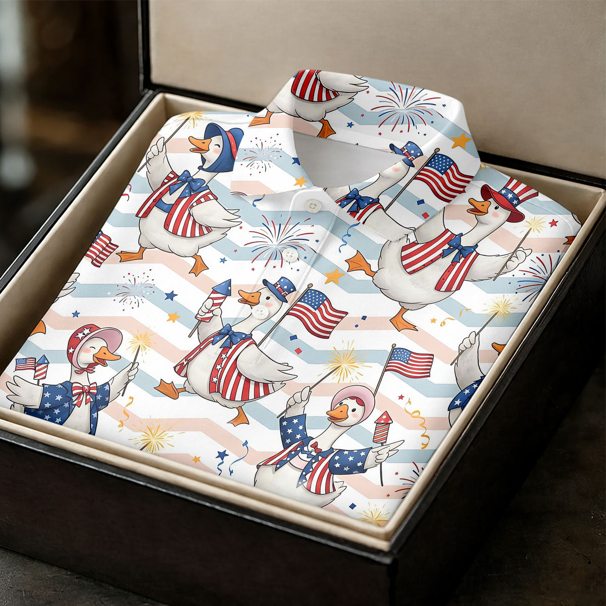 Patriotic Duck American Flag Fireworks Polo Shirt, Mens Golf Polo, Golf Shirts For Men