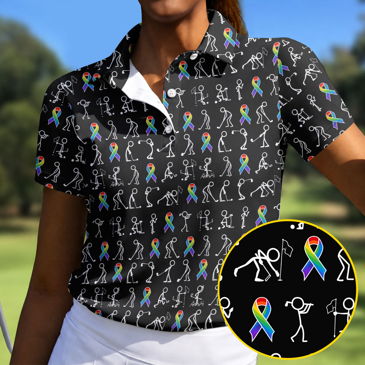 Rainbow Cancer Ribbon Stick Figure Golf Pattern Shirt, Women’s Golf Polo, Ladies Golf Tops