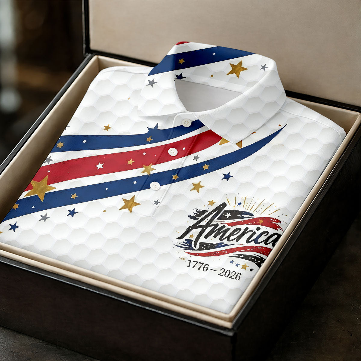 Red White Blue Wavy Stripes Golf Ball Pattern Patriotic Golf Shirt, 250th Anniversary Golf Shirts For Men