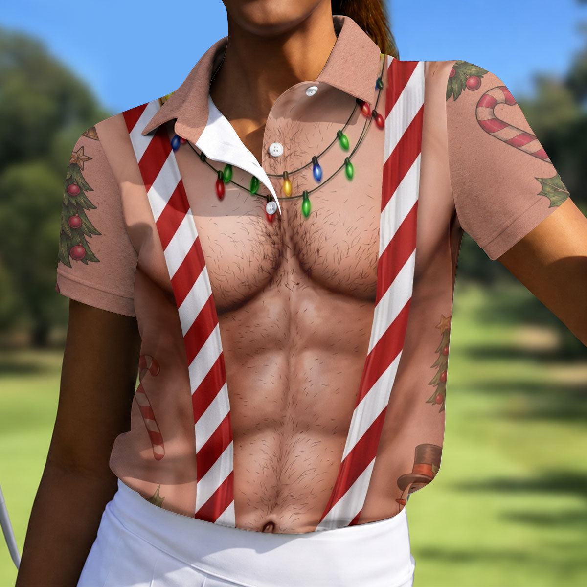 Funny Christmas Candy Cane Suspenders Polo Shirt, Women's Golf Tops, Ladies Golf Shirts