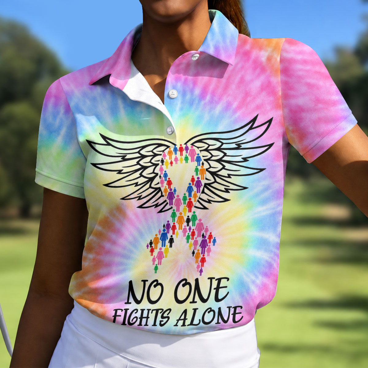 No One Fights Alone Cancer Ribbon Wings Polo Shirt, Women's Golf Polo, Ladies Golf Shirts