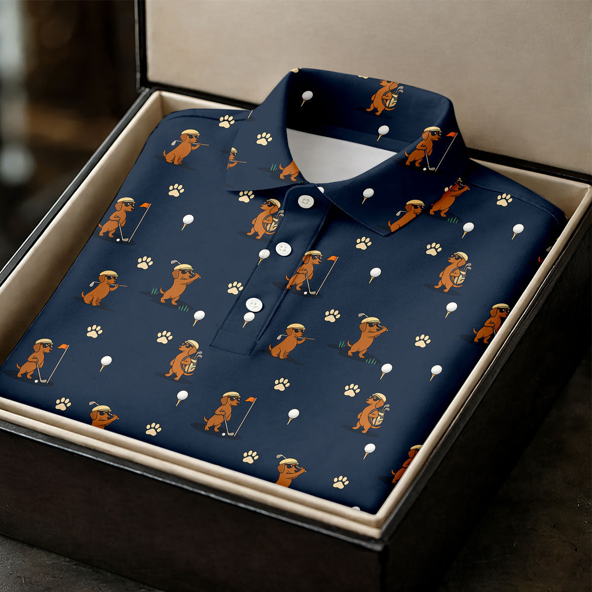 Cartoon Dachshund Golfer Pattern Golf Polo Shirt, Golf Tops For Women, Printed Golf Shirt
