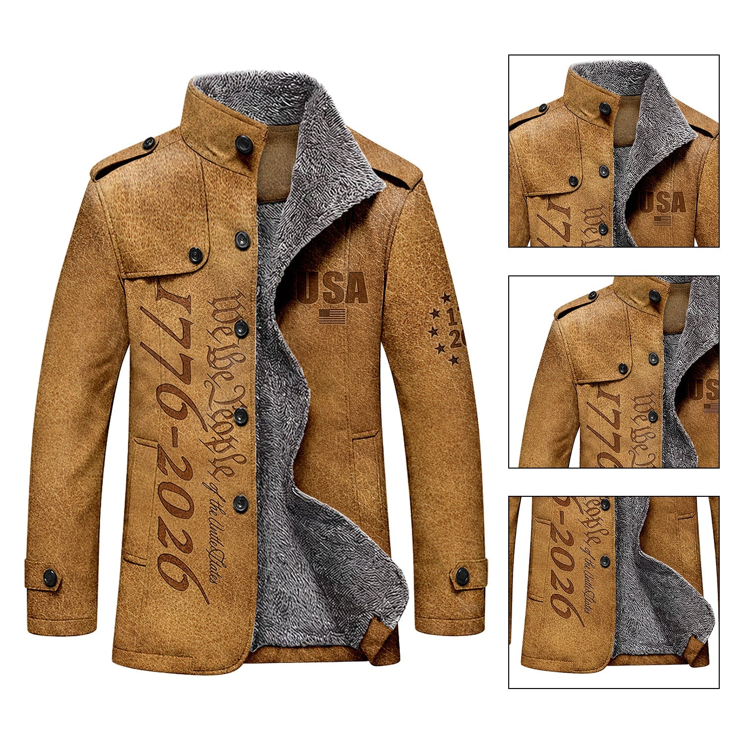 We The People 250 Years Silver Flag Men's Cold Premium Weather Jacket, Leather Trench Coat