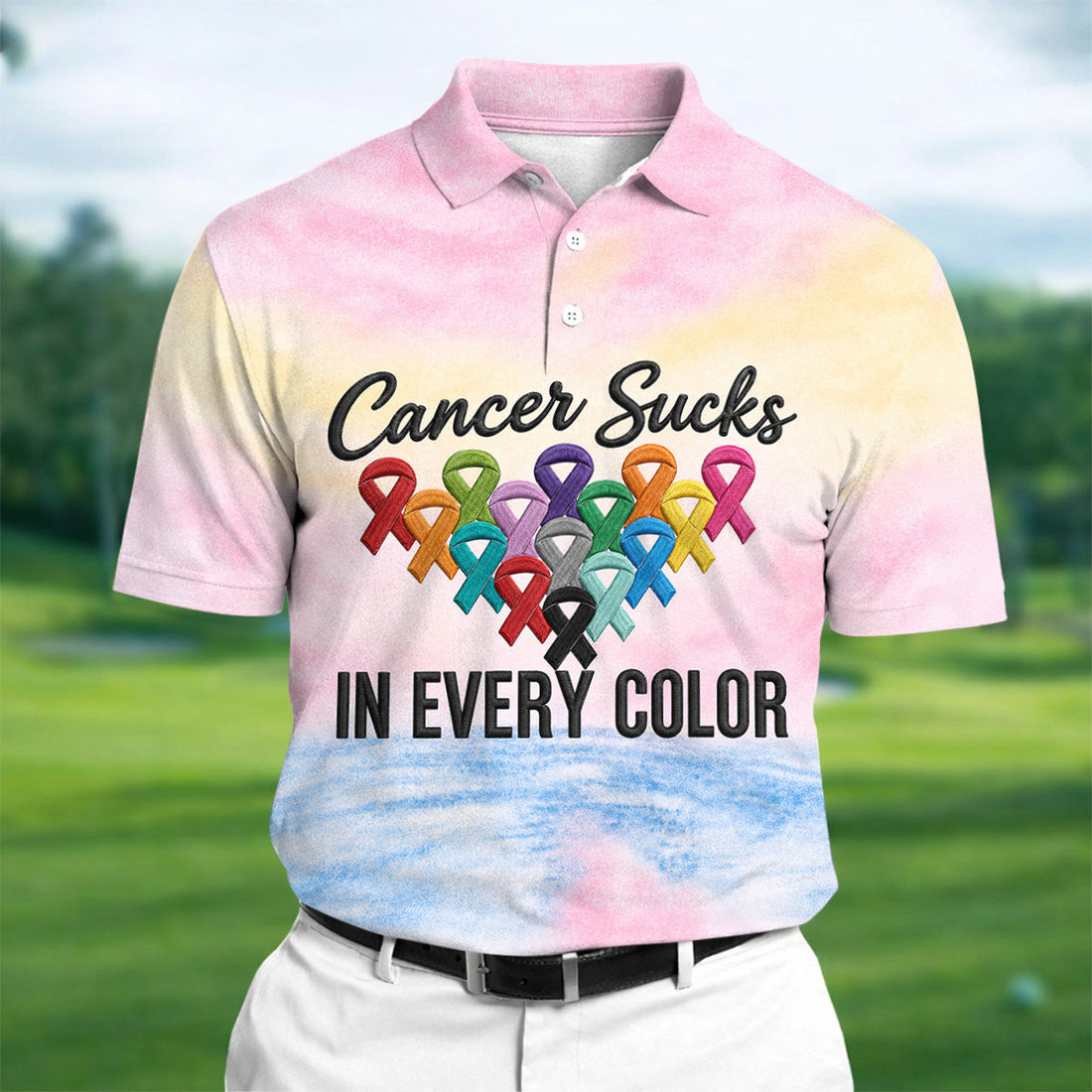 Cancer Sucks In Every Color Ribbon Polo Shirt, Mens Golf Polo, Printed Golf Shirts
