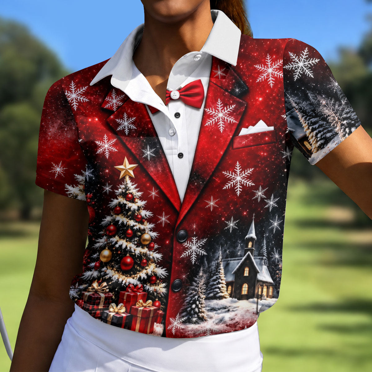 Tuxedo Tree Snowflakes Christmas Golf Shirt, Ladies Golf Shirts, Golf Tops For Women