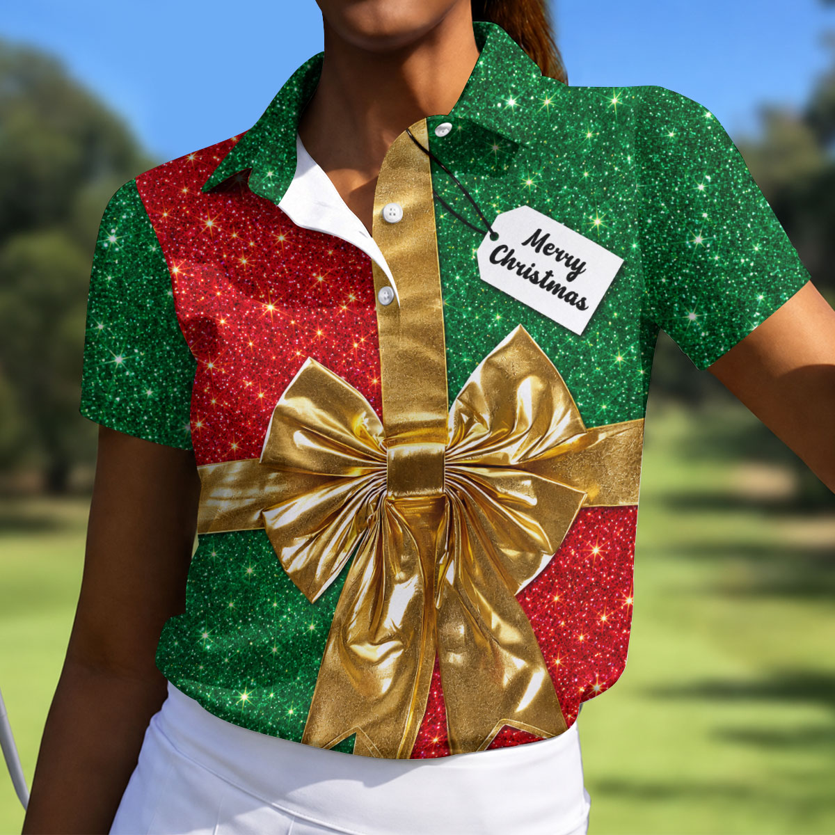 Merry Christmas Golden Gift Bow Golf Polo Shirt, Ladies Golf Shirts, Golf Shirts For Women