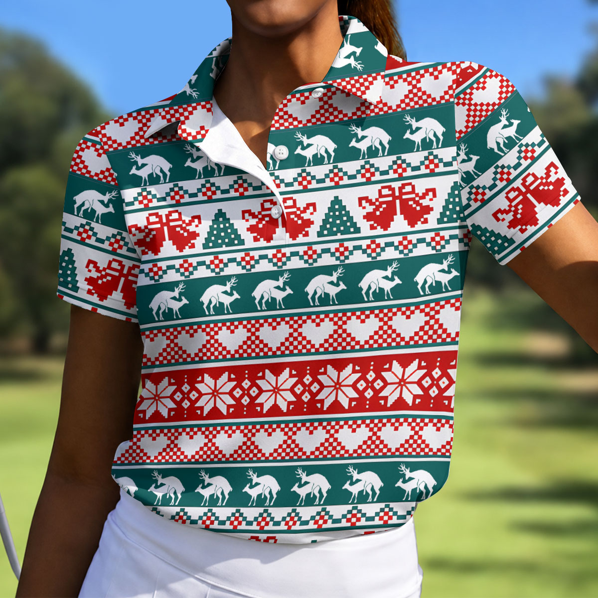 Christmas Reindeer Bells Snowflake Golf Polo Shirt, Women’s Golf Apparel, Ladies Golf Top