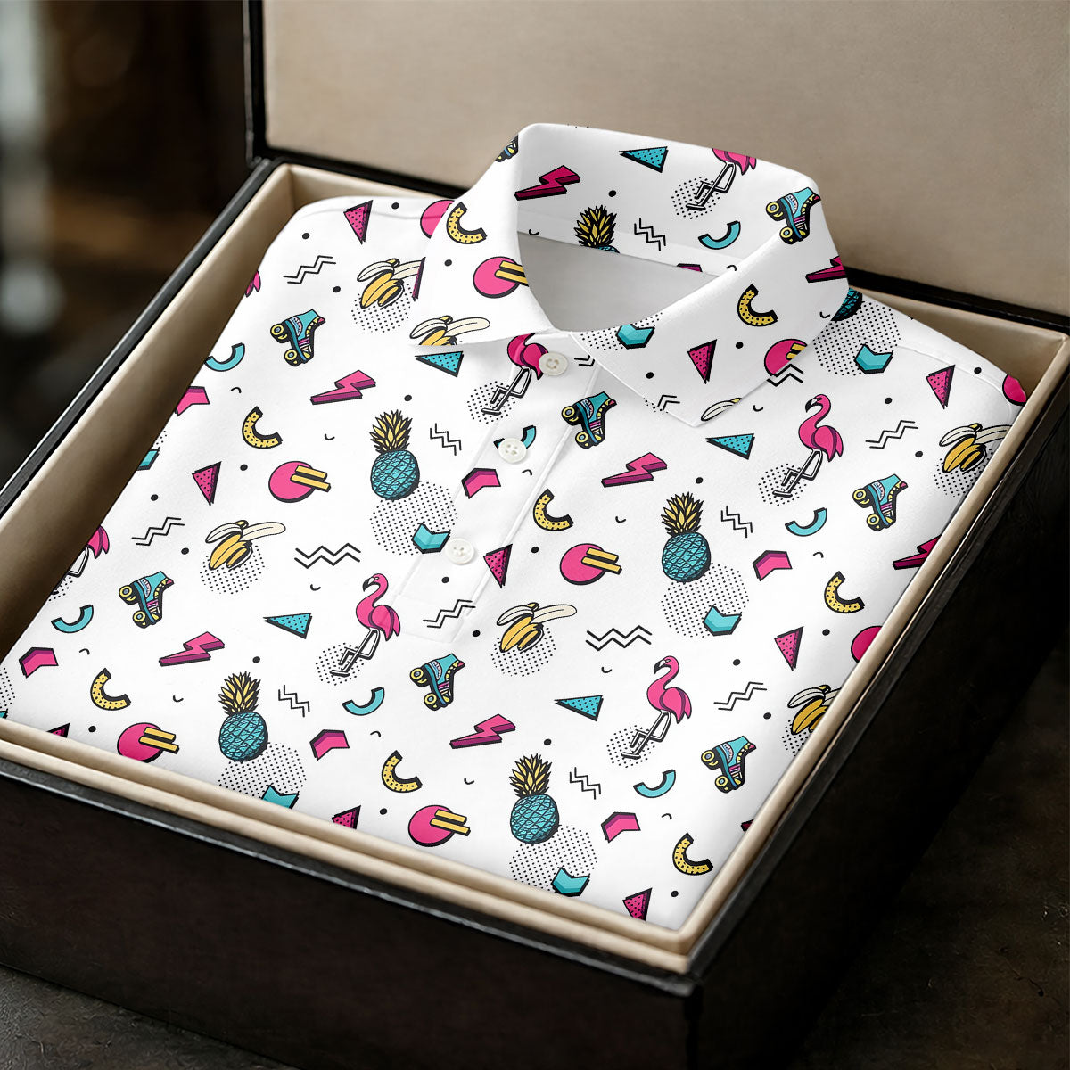 White Retro Summer Flamingo Pattern Golf Polo Shirt, Golf Shirts For Women, Women's Golf Polo