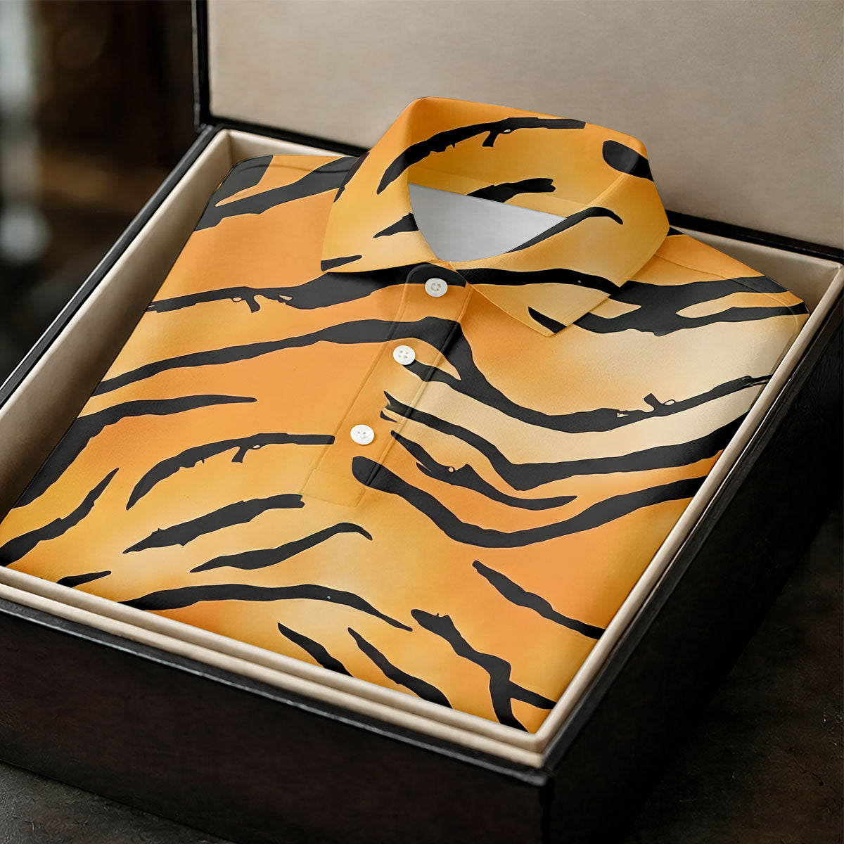 Tiger Stripe Pattern Hawaiian Golf Shirt, Men's Funny Golf Shirts, Golf Shirts For Men