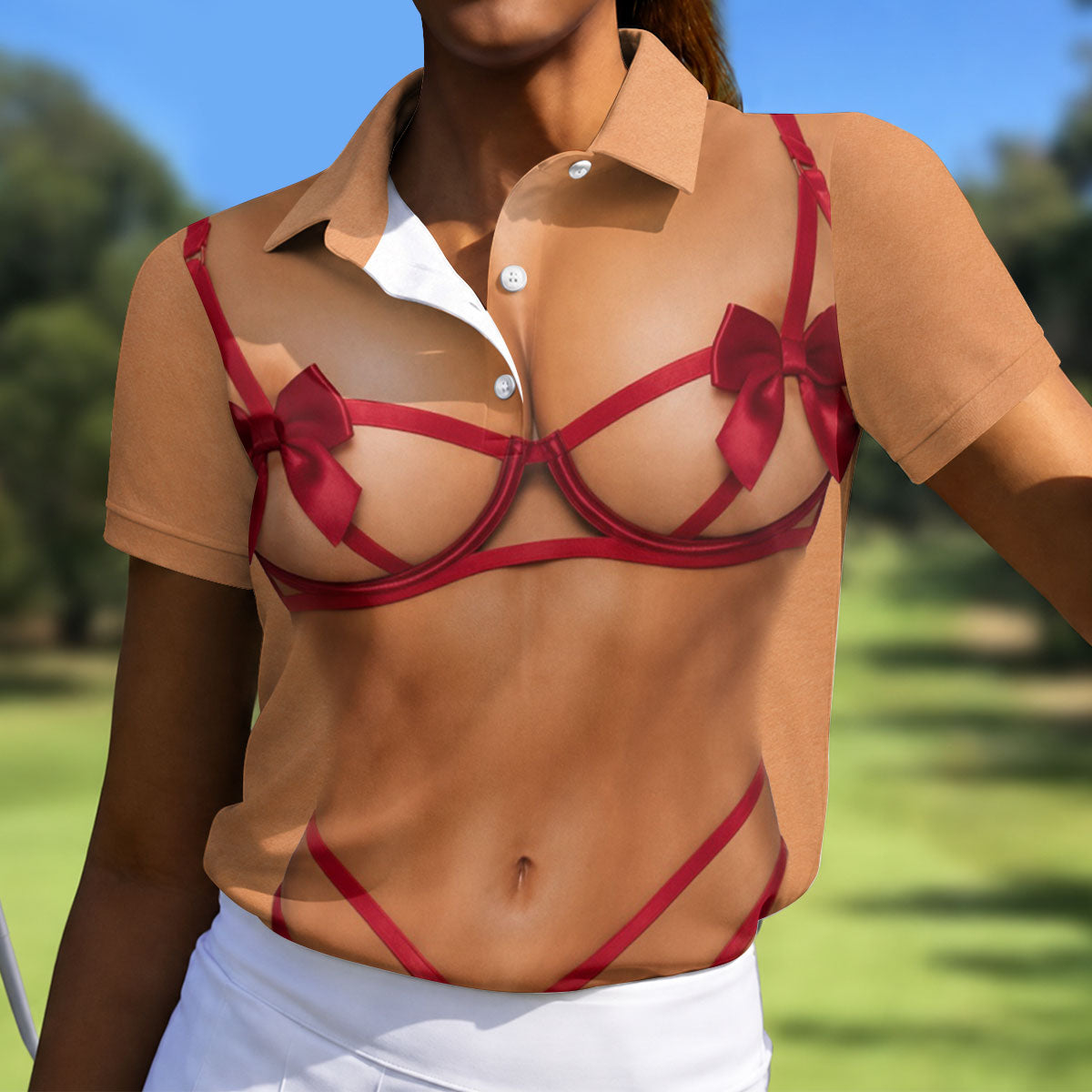 Funny Red Ribbon Lingerie Costume Polo Shirt, Ladies Golf Shirts, Women’s Golf Apparel