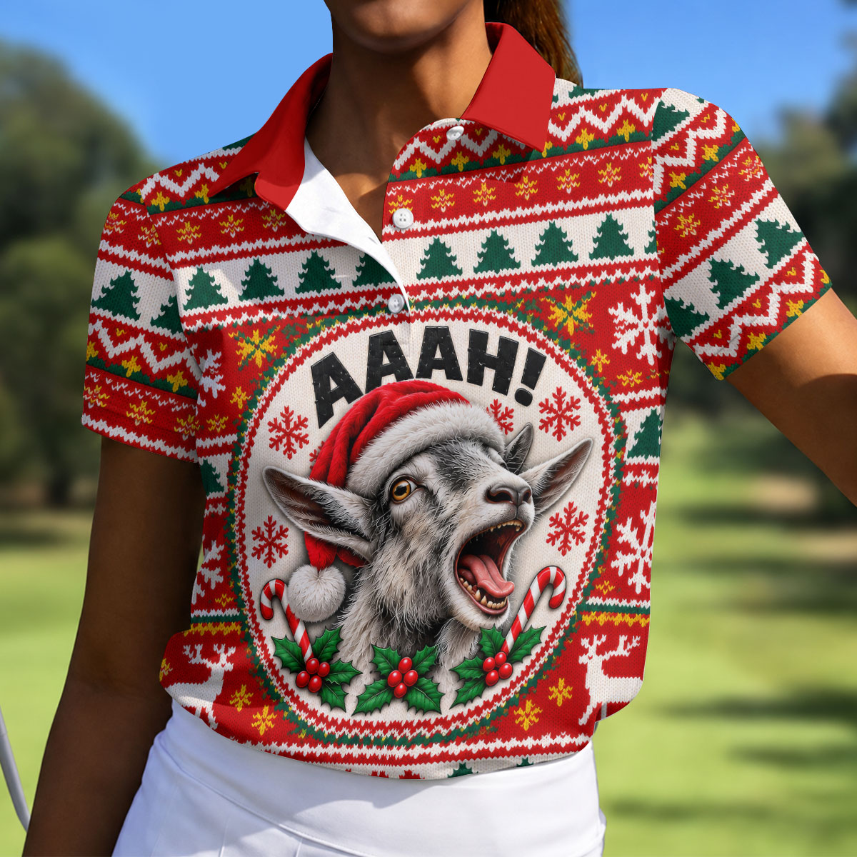 Funny Screaming Goat Christmas Golf Shirt, Ladies Golf Shirts, Golf Tops For Women