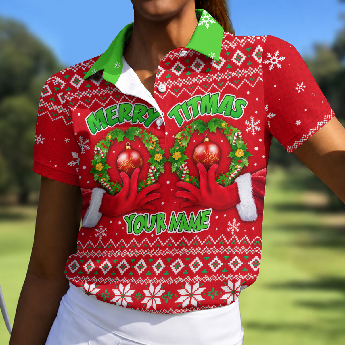 Custom Name Merry Titmas Polo Shirt, Christmas Golf Shirt For Women, Womens Golf Tops