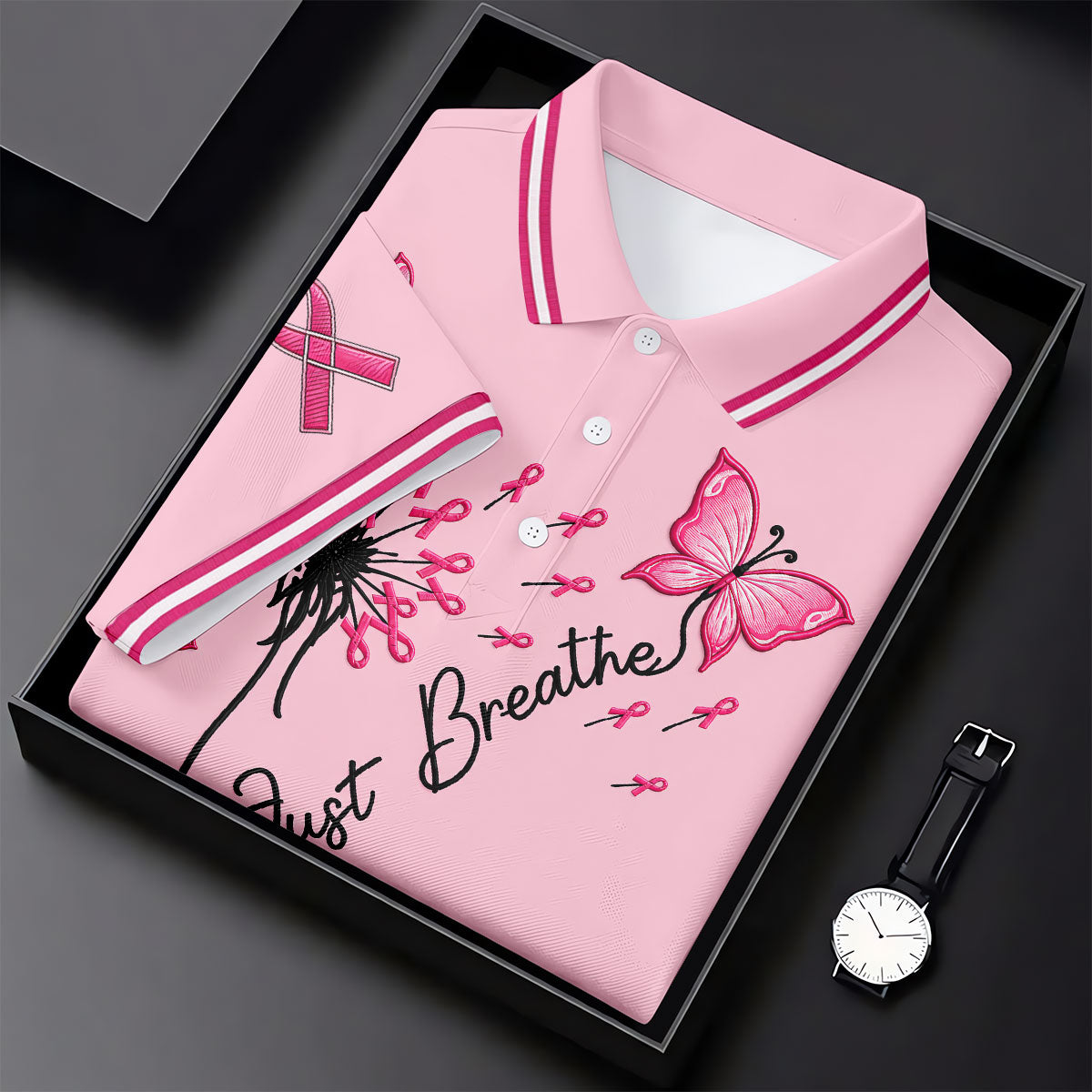 Just Breathe Butterfly Pink Ribbon Breast Cancer Polo Shirt, Golf Polo For Women