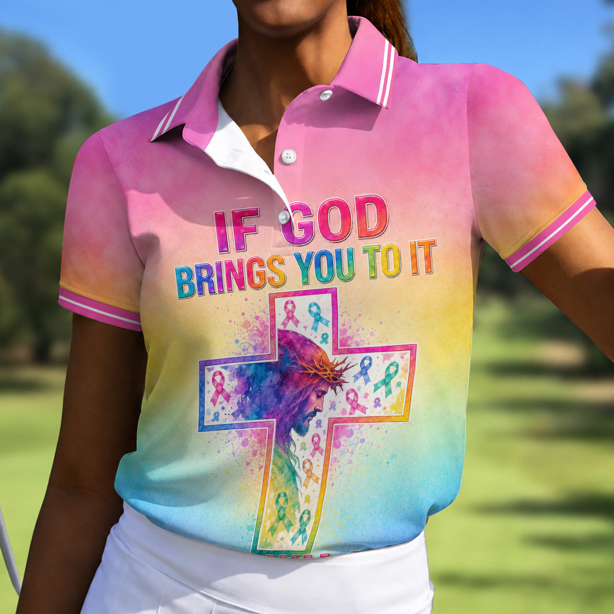 If God Brings You To It Cancer Cross Polo Shirt, Ladies Golf Tops, Printed Golf Shirt