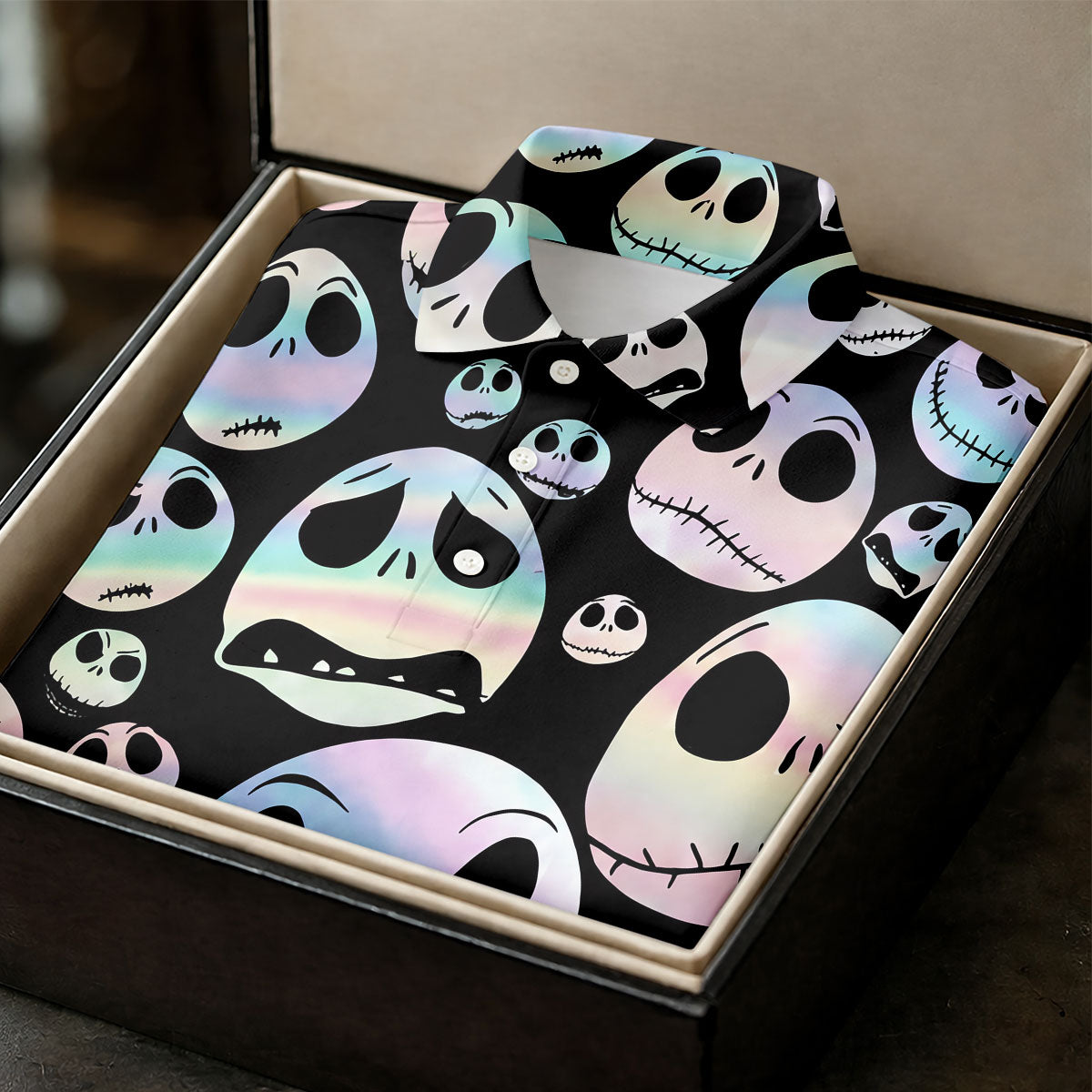 Black Horror Character Skull Face Pattern Golf Polo Shirt, Ladies Golf Shirts, Womens Golf Tops
