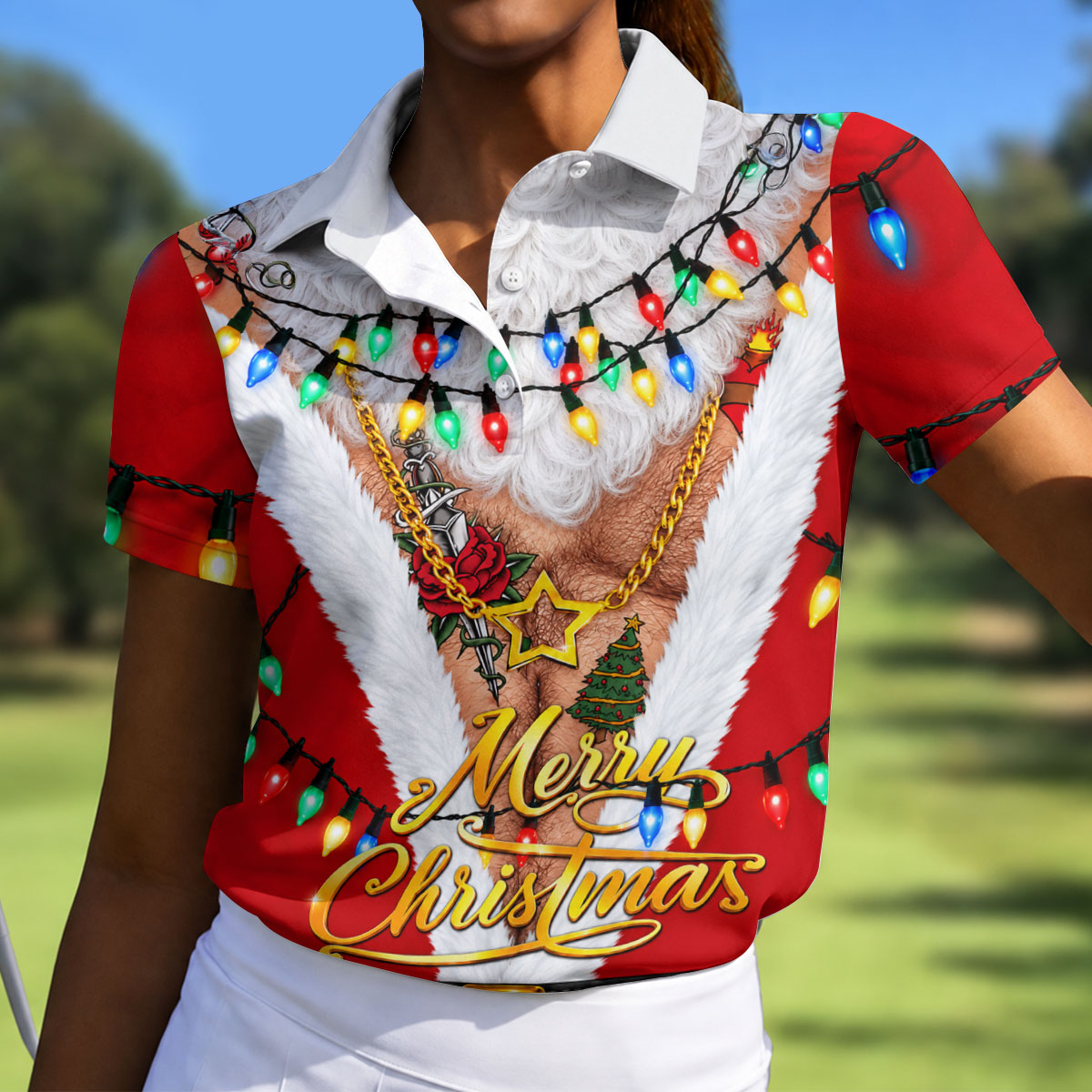 Merry Christmas Santa Lights Gold Chain Polo Shirt, Women’s Golf Polo, Golf Tops For Women