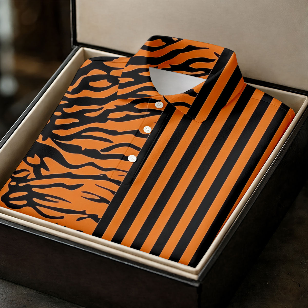 Orange Tiger Stripe Split Pattern Golf Shirt, Women's Golf Tops, Ladies Golf Shirts, Printed Golf Shirt