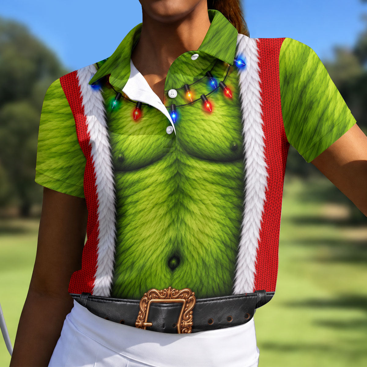 Green Furry Christmas Lights Golf Polo Shirt, Christmas Golf Shirt, Women’s Golf Apparel