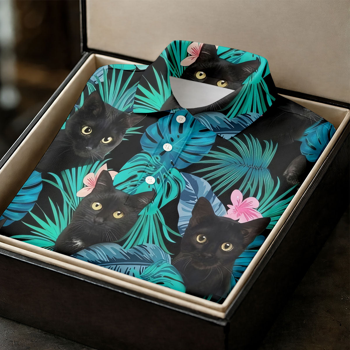 Black Cat Tropical Monstera Hawaiian Golf Polo Shirt, Golf Shirts For Women, Women's Golf Apparel