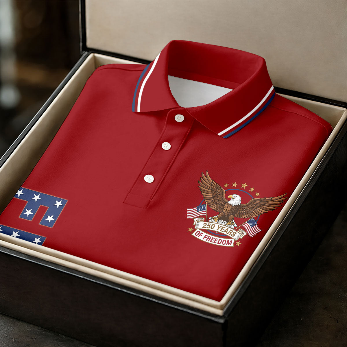 250 Years Of Freedom US Flag Logo Red Golf Shirt, Patriotic 4th Of July Golf Shirts For Men
