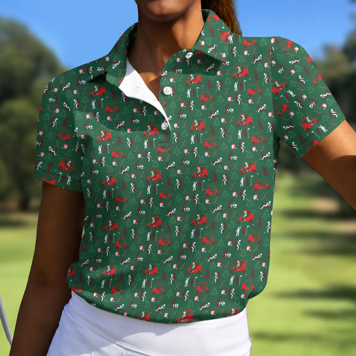 Christmas Golf Cart and Golfer Polo Shirt, Women’s Golf Polo, Golf Tops For Women