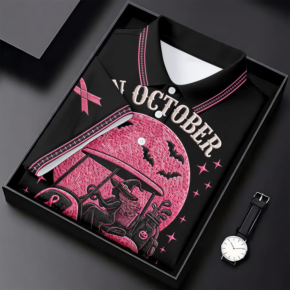 In October We Wear Pink Witch Breast Cancer Polo Shirt, Mens Golf Apparel, Printed Golf Shirts