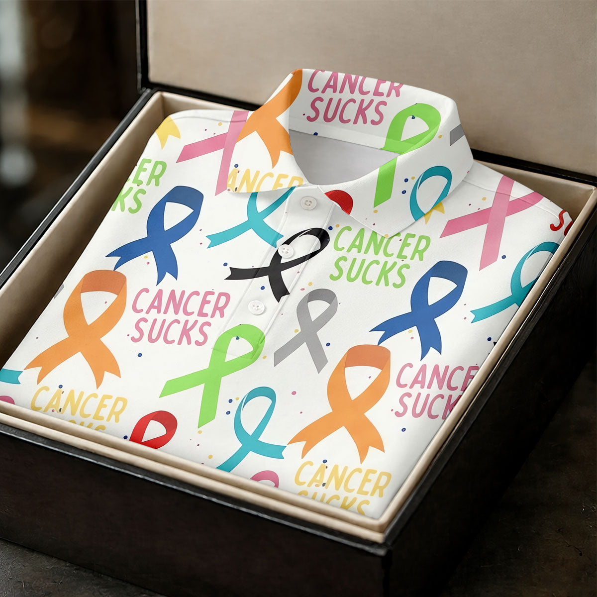 Cancer Sucks Multicolor Awareness Ribbon Polo Shirt, Ladies Golf Tops, Women’s Golf Polo