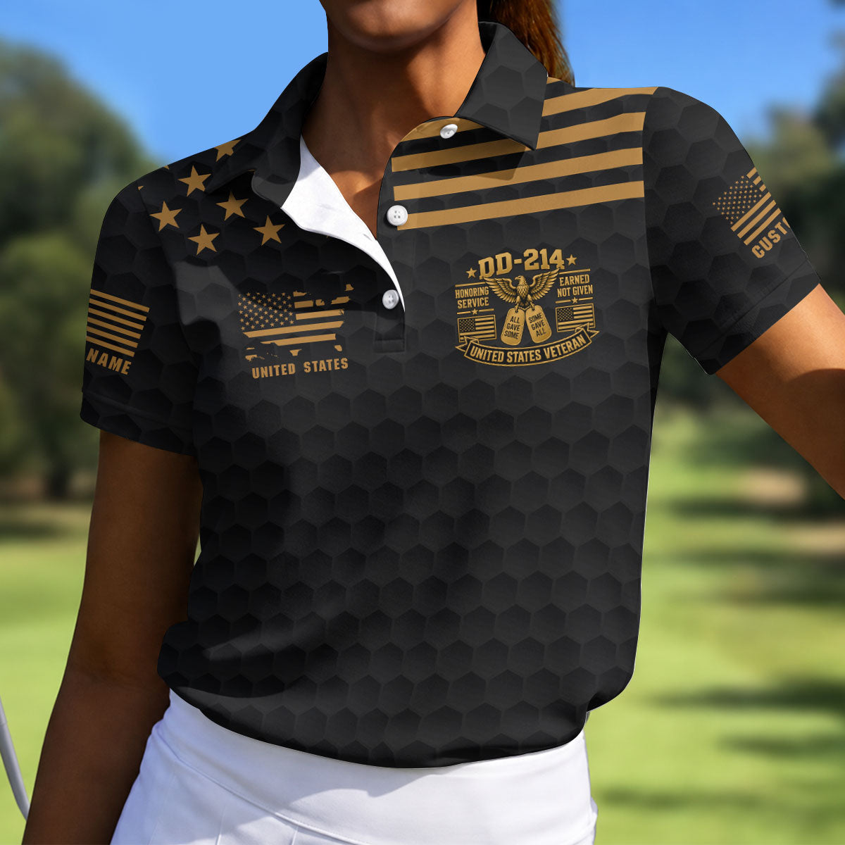 Custom Name Black Gold DD-214 Golf Polo Shirt, Womens Golf Polo, Veterans Day Shirt