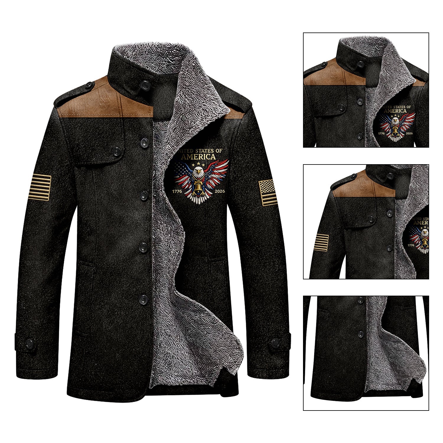 250 Years Red White Blue USA Bald Eagle Men's Cold Premium Weather Jacket, Leather Trench Coat