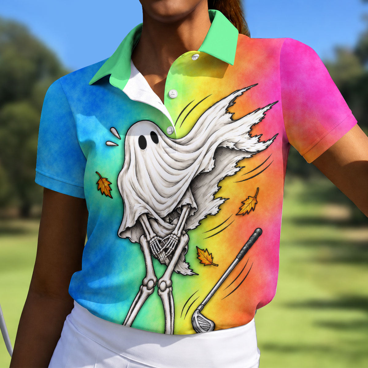 Windy Skeleton Ghost Golf Polo Shirt, Women's Halloween Shirt, Ladies Golf Shirts