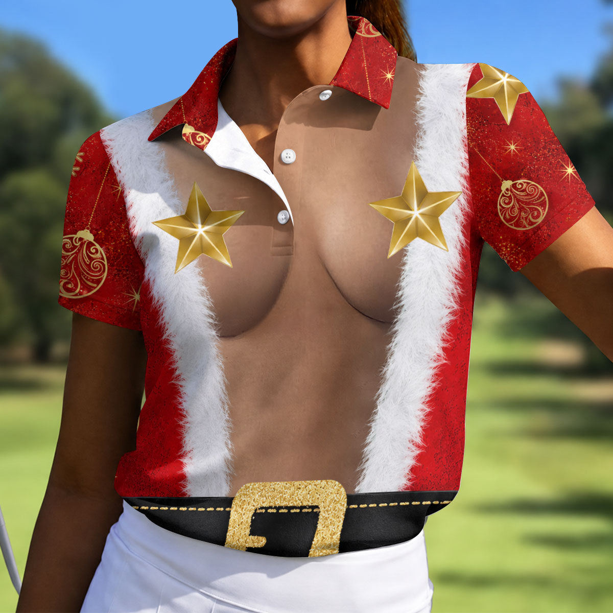 Christmas Santa Suit Gold Stars Polo Shirt, Women’s Golf Polo, Golf Tops For Women