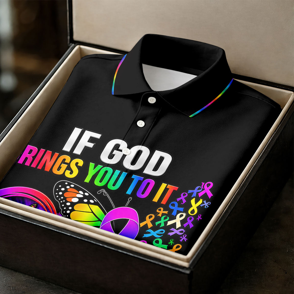 If God Brings You To It Butterfly Cancer Polo Shirt, Mens Golf Polo, Men's Golf Shirt