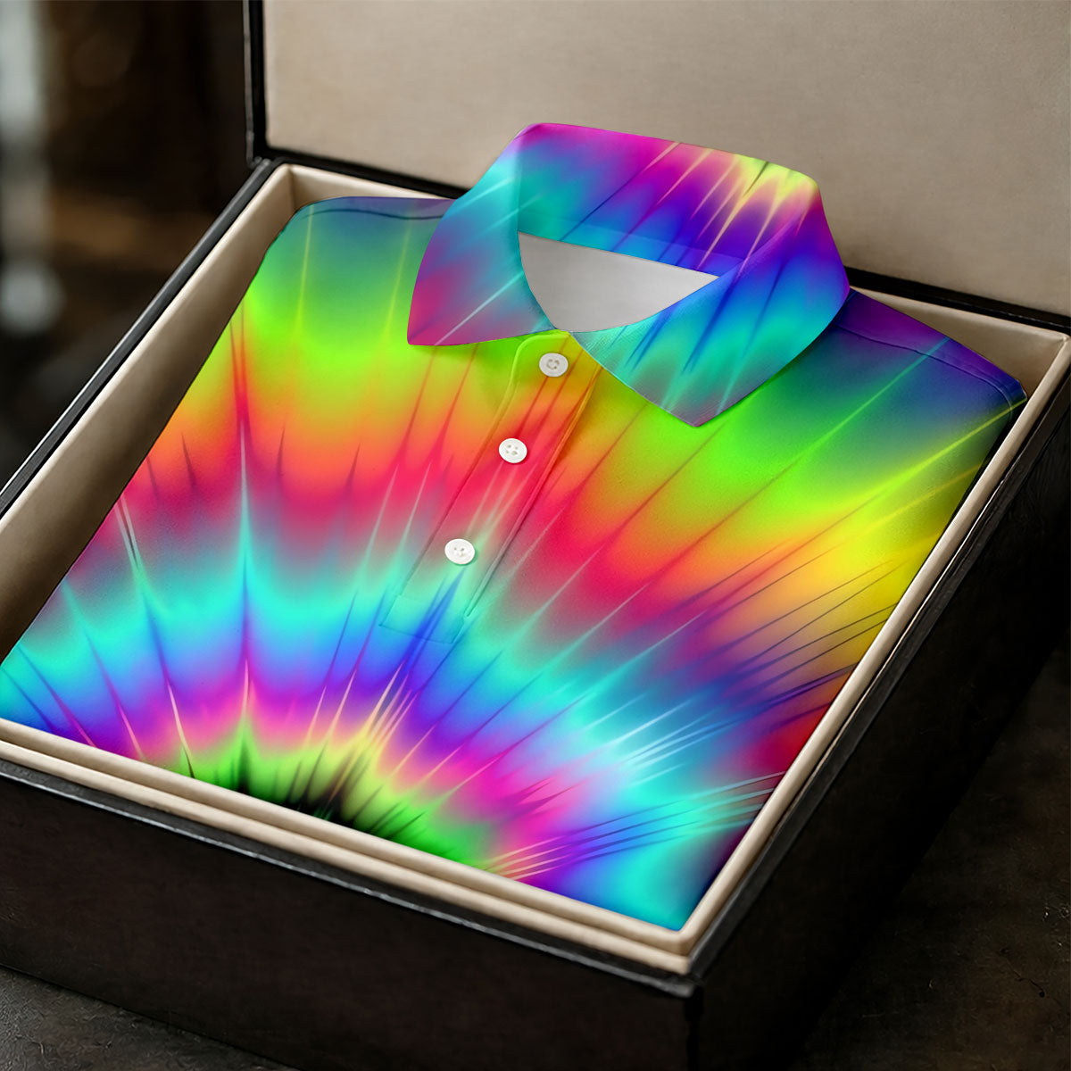 Rainbow Tie Dye Golf Shirt, Psychedelic Spiral Burst Pattern, Golf Shirt For Women