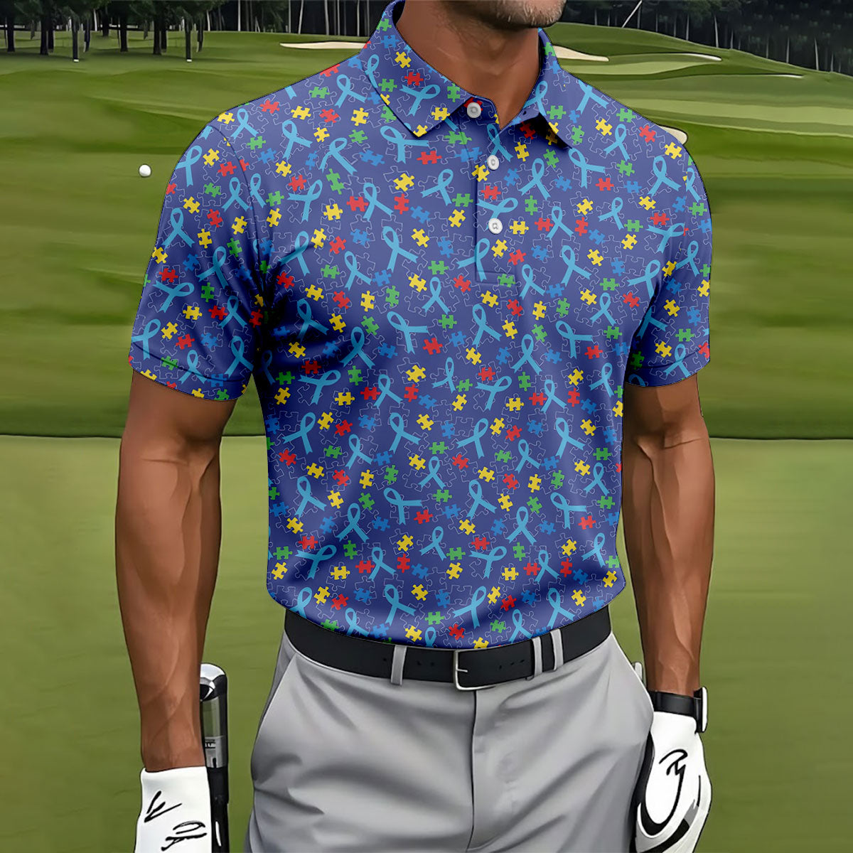 Autism Puzzle Ribbon Pattern Golf Tops For Men, Autism Awareness Color Polo Shirts For Men, Golf Shirts For Men