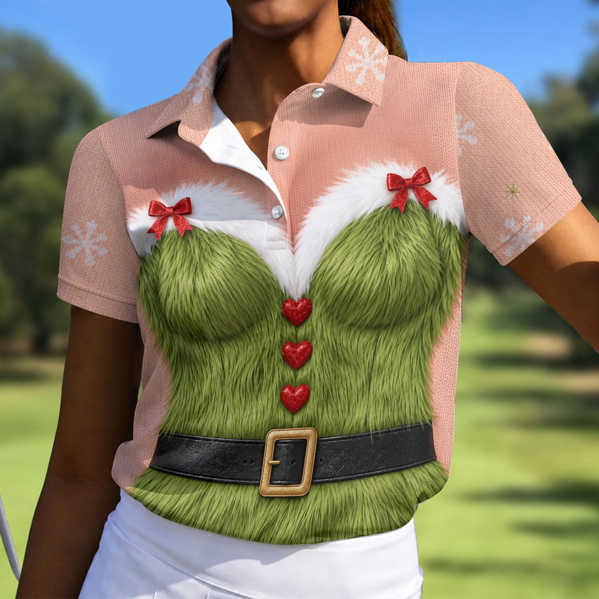 Funny Green Furry Christmas Costume Polo Shirt, Women’s Golf Polo, Ladies Golf Tops