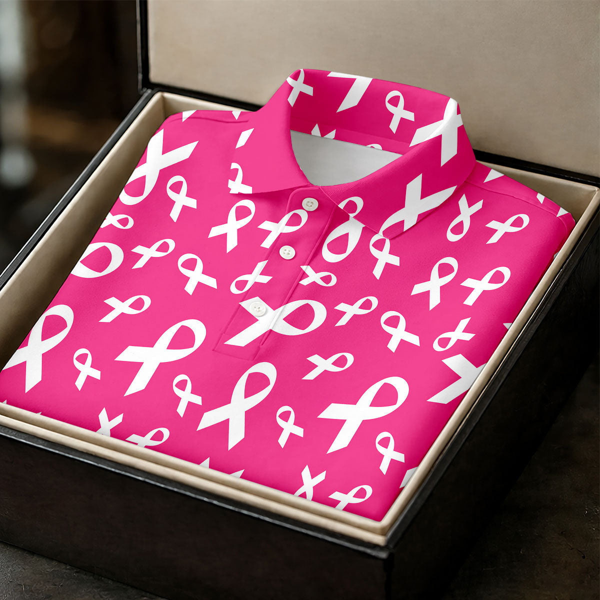 Hot Pink Breast Cancer Awareness Ribbon Polo Shirt, Ladies Golf Tops, Women’s Golf Polo