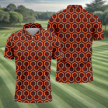 Spooky Hotel Carpet Horror Pattern Mens Golf Polo Shirt Pattern Golf Shirt, Halloween Golf Shirts, Golf Shirts For Men