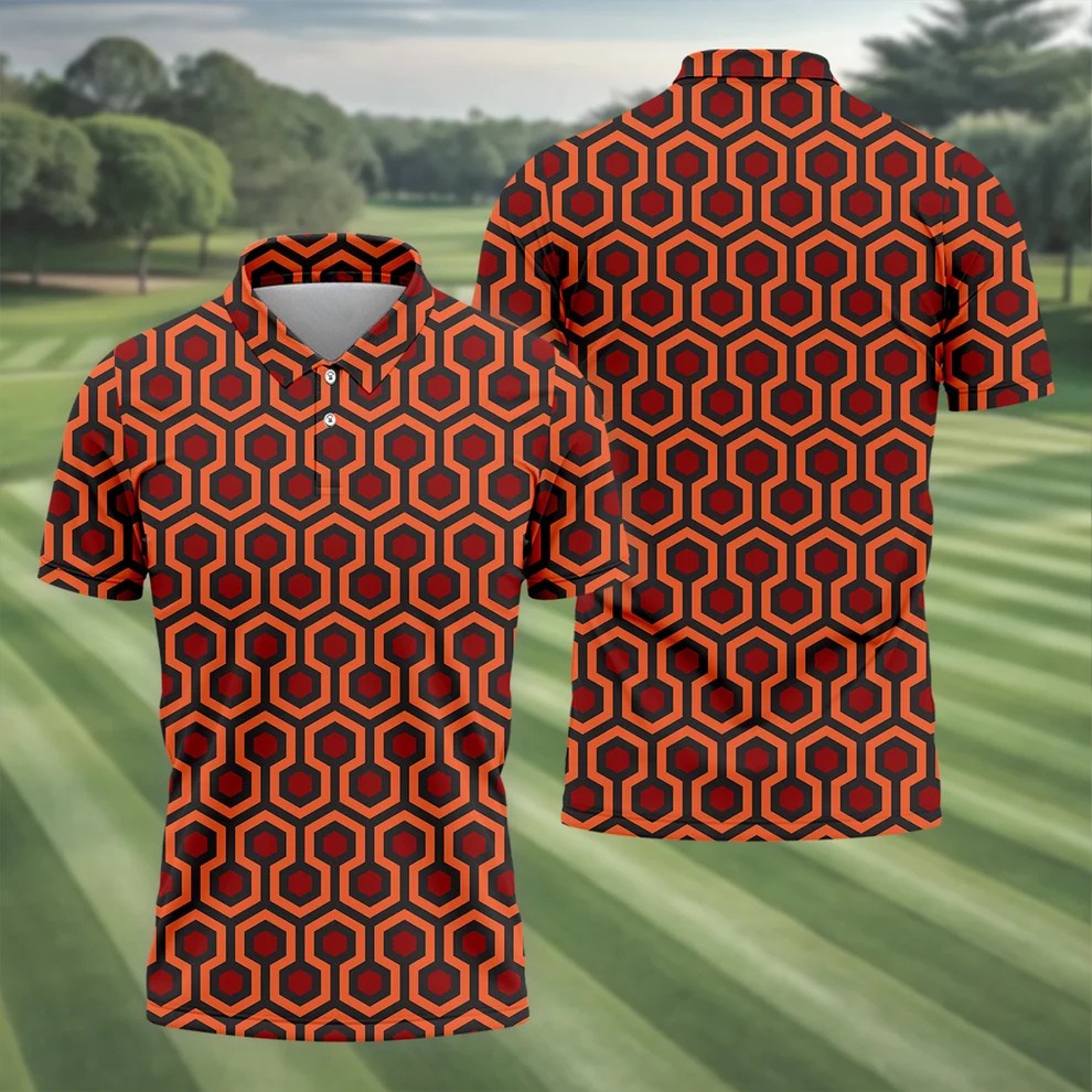 Spooky Hotel Carpet Horror Pattern Mens Golf Polo Shirt Pattern Golf Shirt, Halloween Golf Shirts, Golf Shirts For Men
