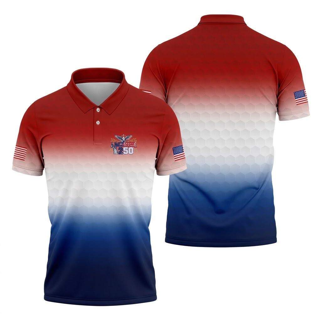 America 250 Red White Blue Golf Ball Pattern US Flag Golf Shirt, Patriotic 4th Of July Golf Shirts For Men
