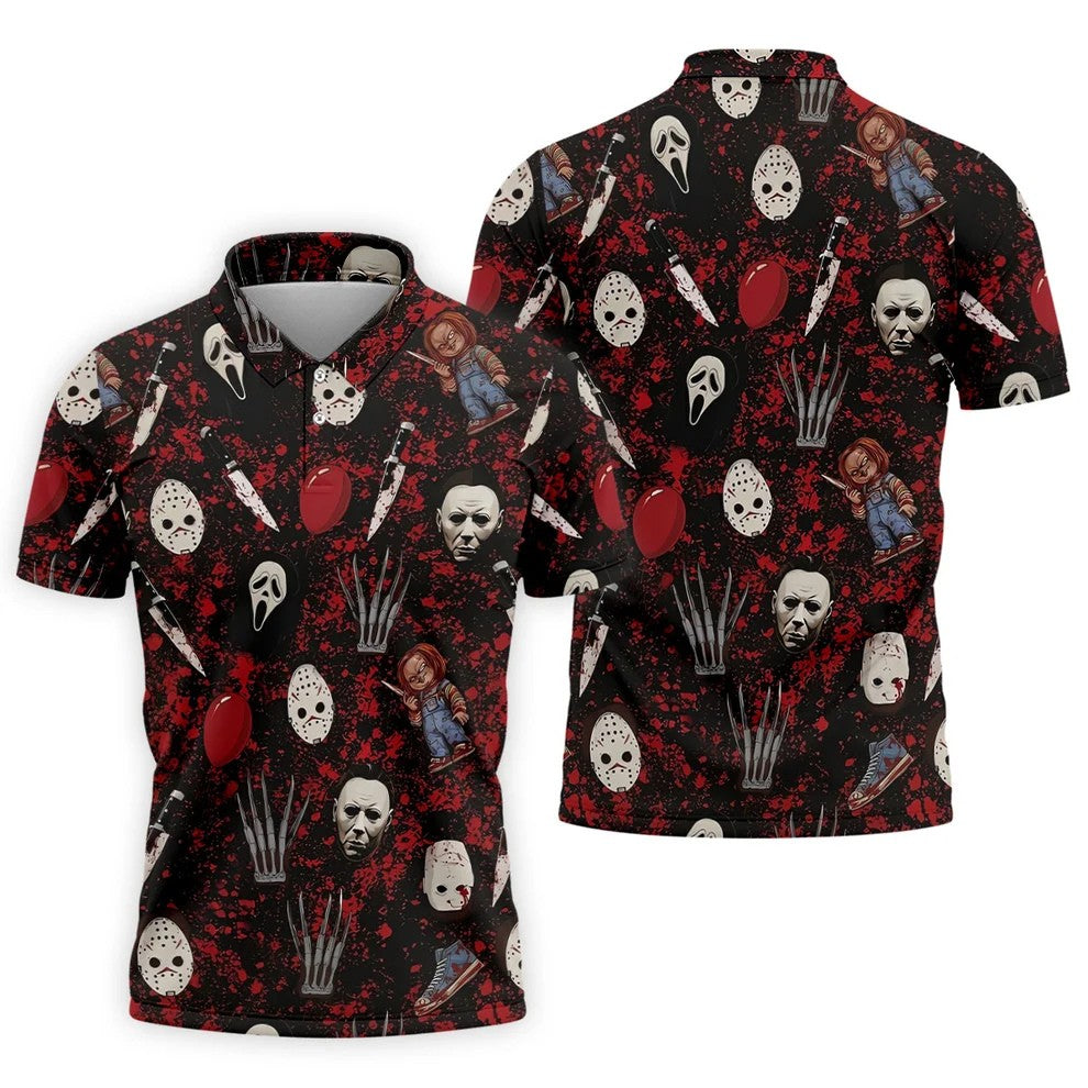 Halloween Horror Character Mask Pattern Hawaiian Golf Shirt, Men's Golf Shirt, Mens Golf Polo