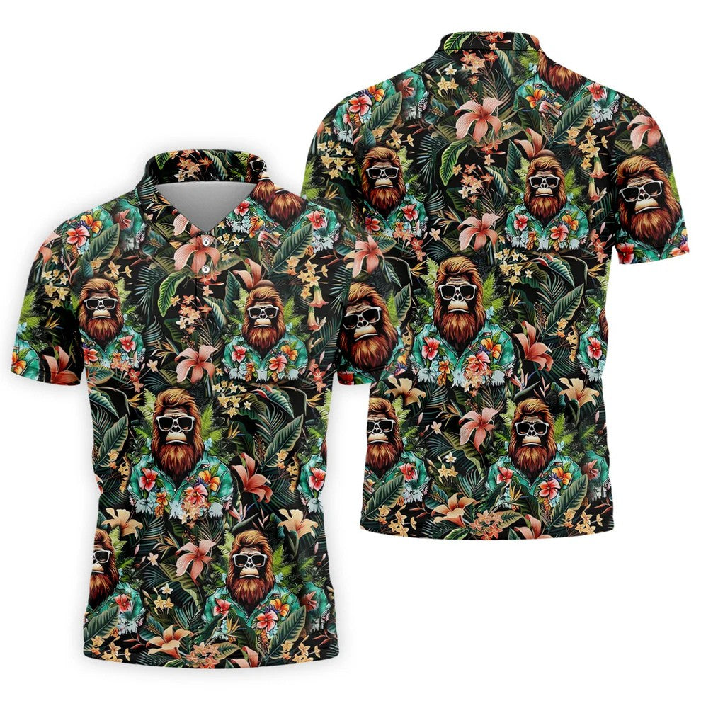 Bigfoot Hawaiian Tropical Golf Shirt, Funny Sasquatch Golf Shirts For Men