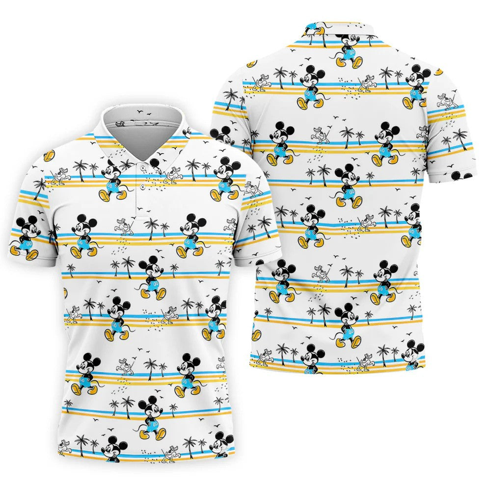 Retro Beach Stripe Cartoon Golf Polo Shirt, Golf Polo Shirts For Men, Mens Golf Apparel