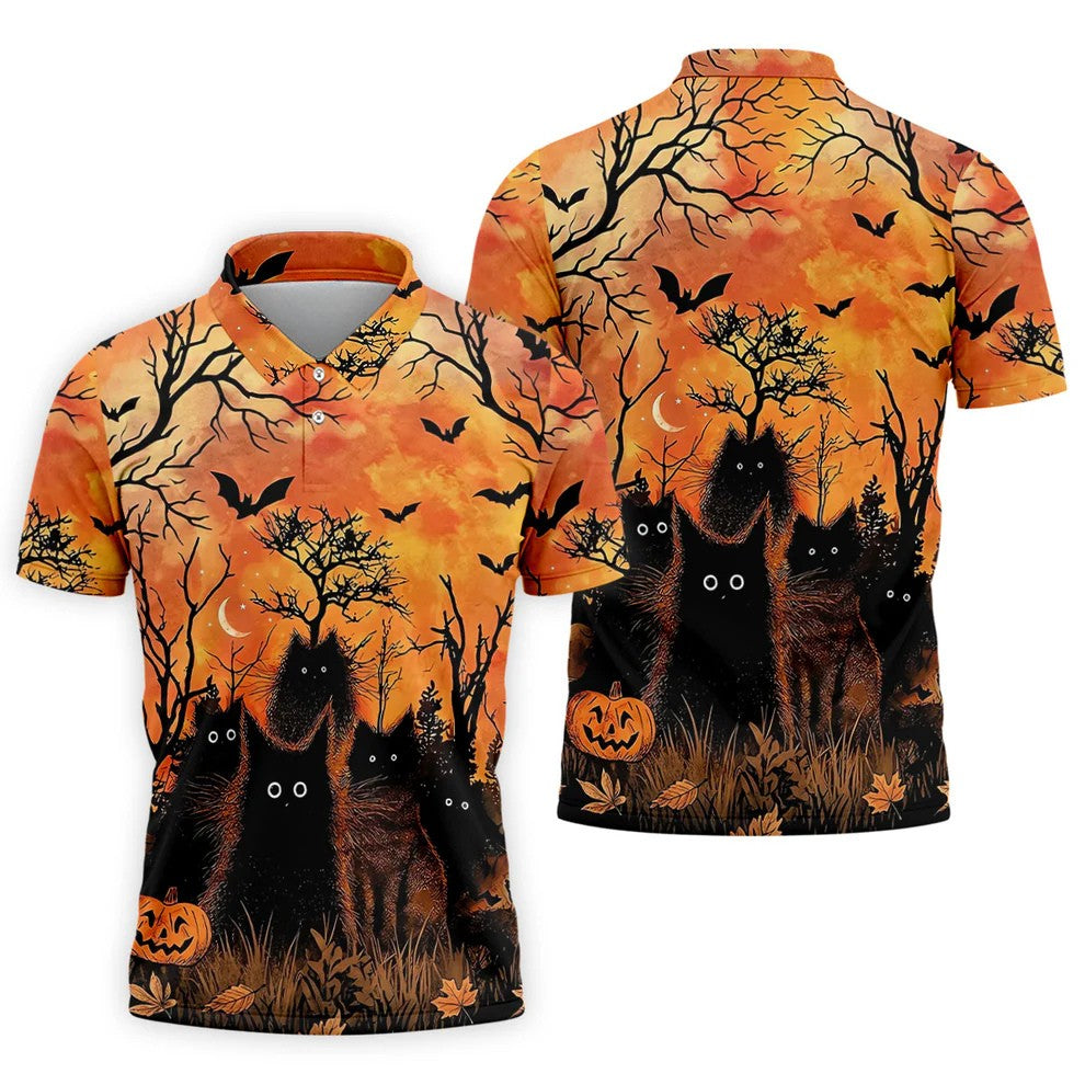 Spooky Black Cat Halloween Golf Polo Shirt, Men's Golf Shirts, Hawaiian Golf Shirt
