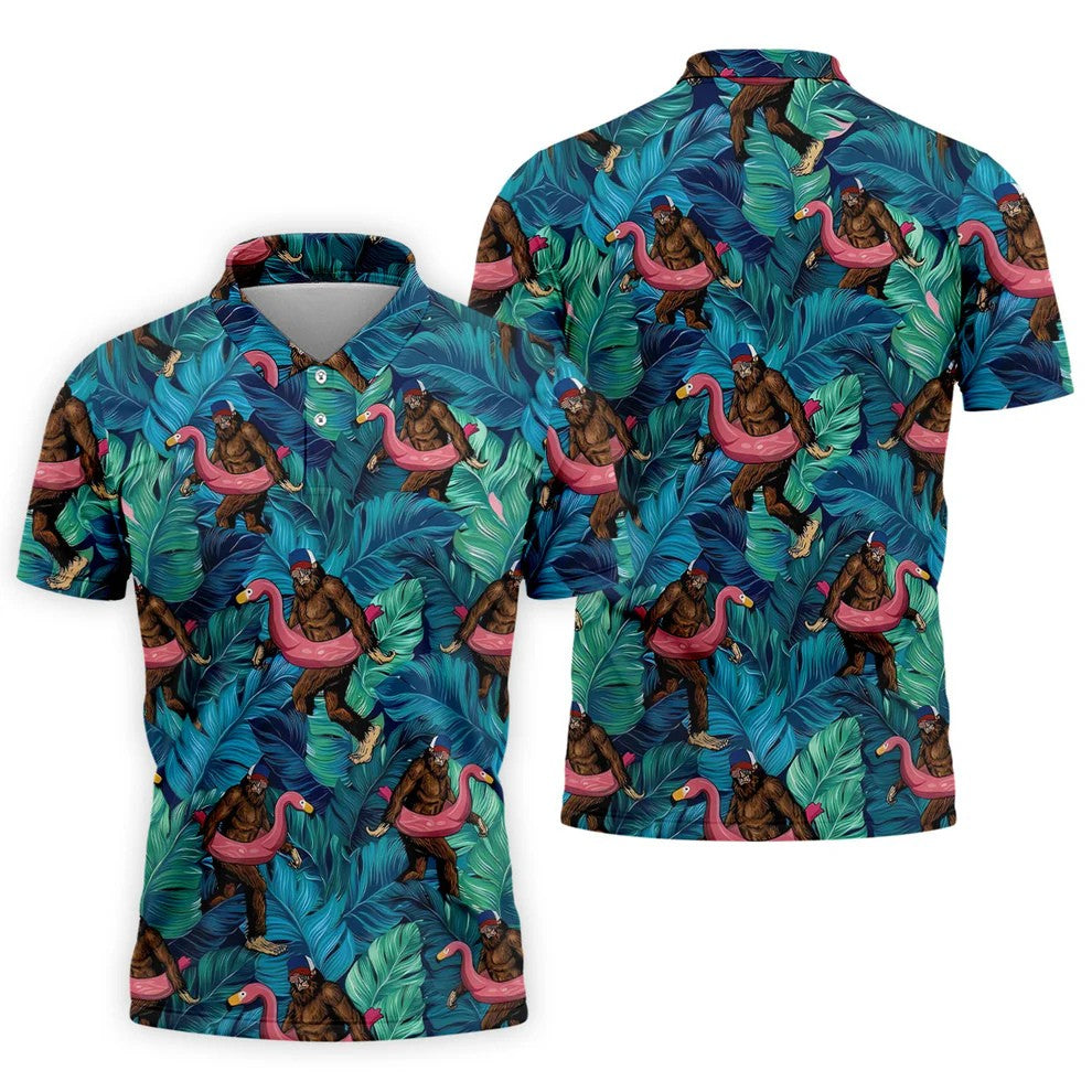 Bigfoot Flamingo Float Tropical Golf Polo Shirt, Hawaiian Golf Shirt, Mens Golf Polo
