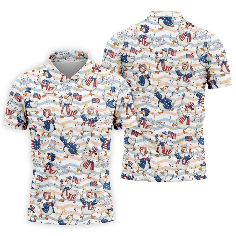 Patriotic Duck American Flag Fireworks Polo Shirt, Mens Golf Polo, Golf Shirts For Men